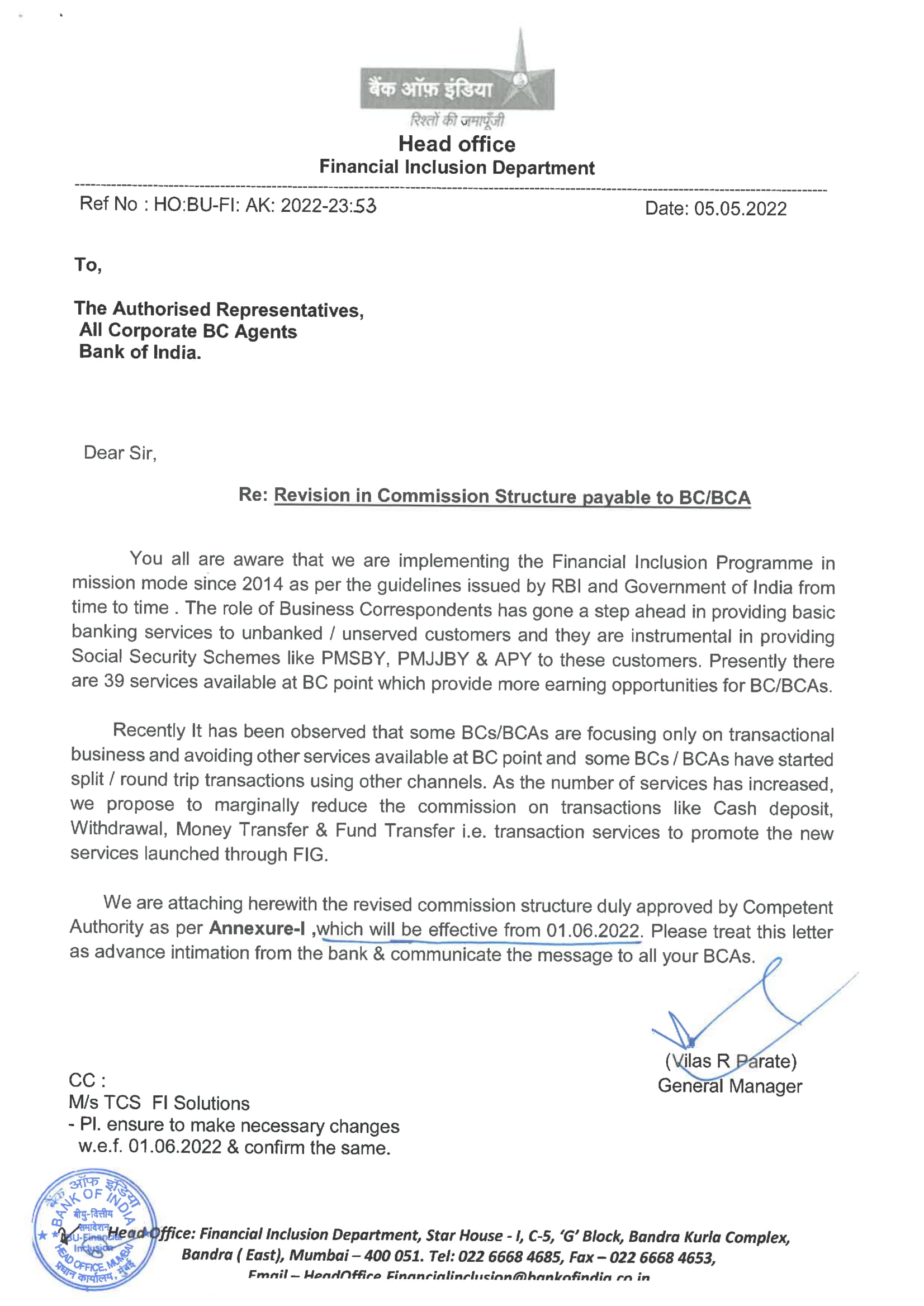 Bank of India Bank BC Commission Structure wef 01.06.2022