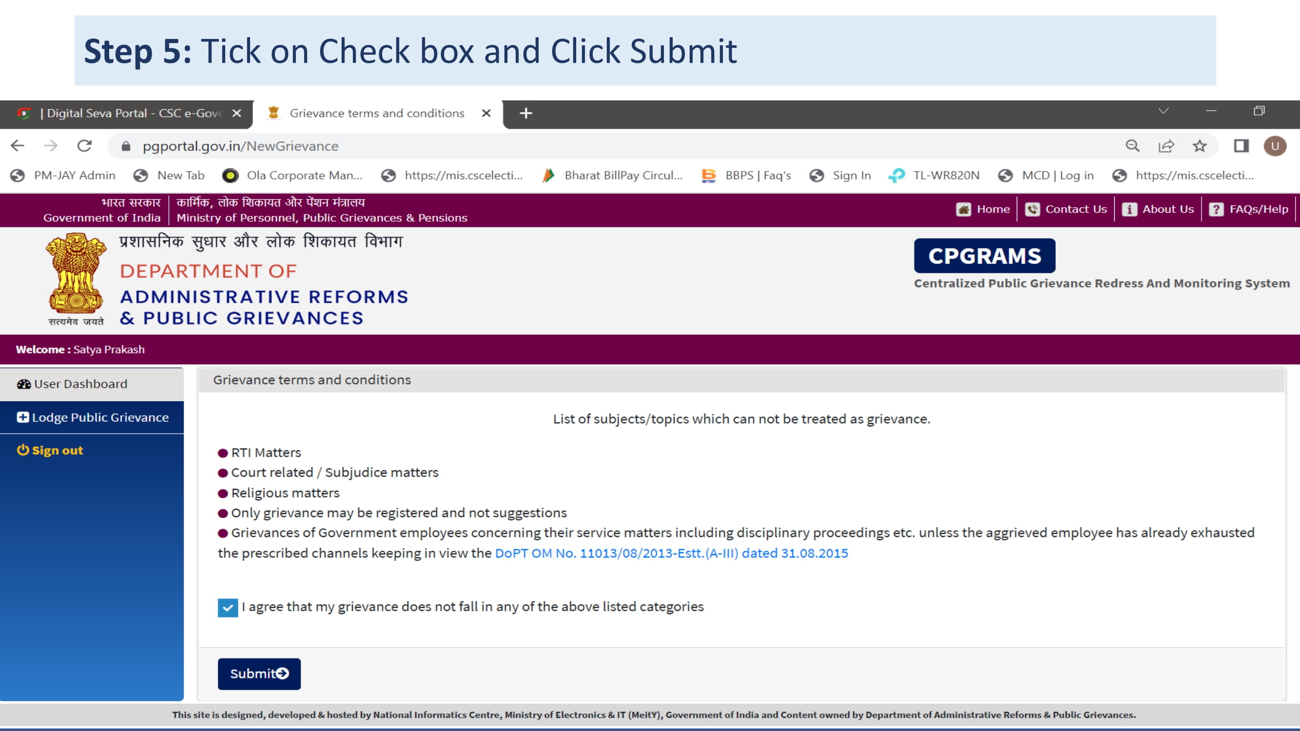 Process Flow of CPGRAMS service through CSC